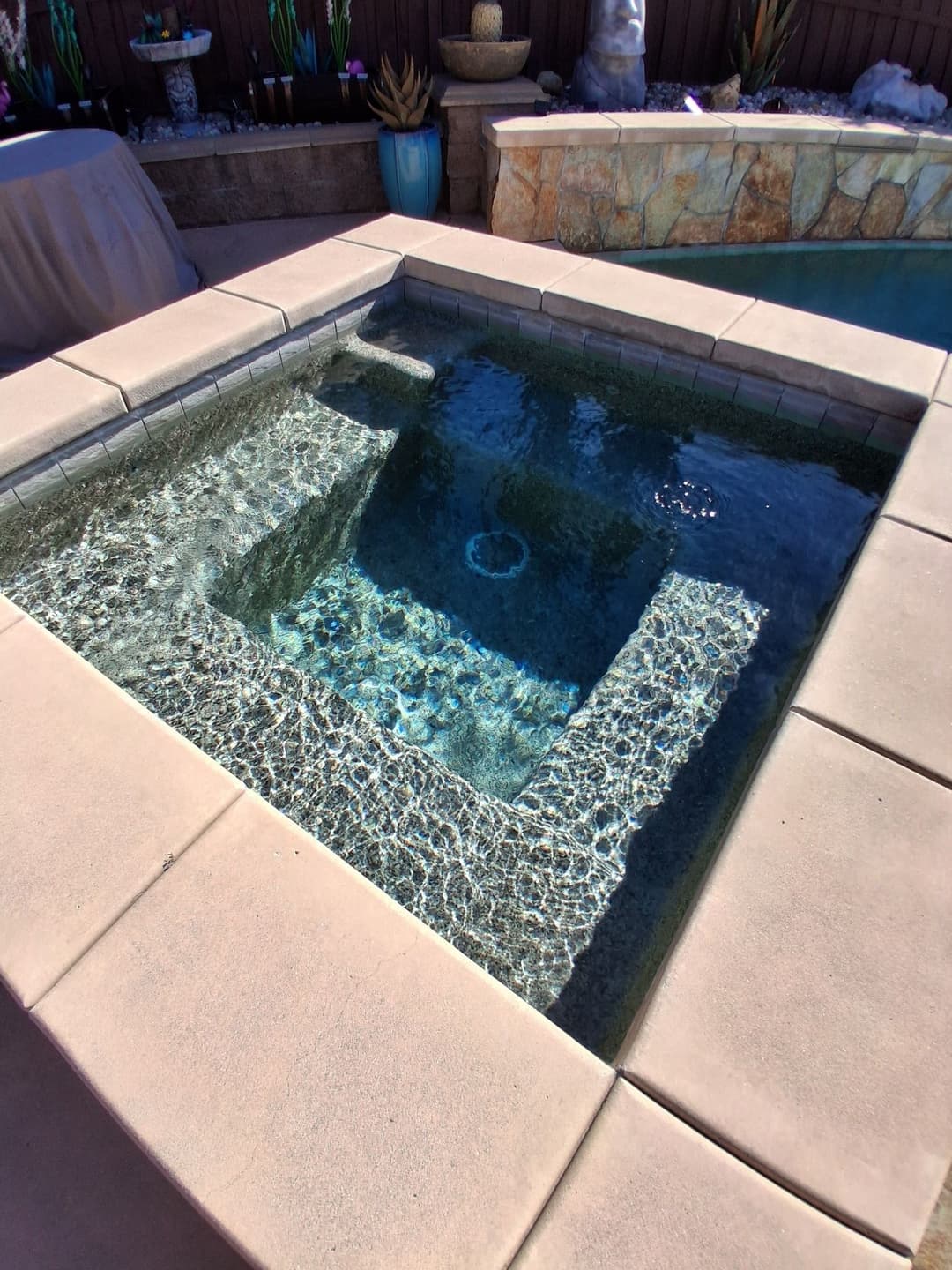 Modern spa jacuzzi with clear water, surrounded by stone and decorative plants. Relaxation oasis.