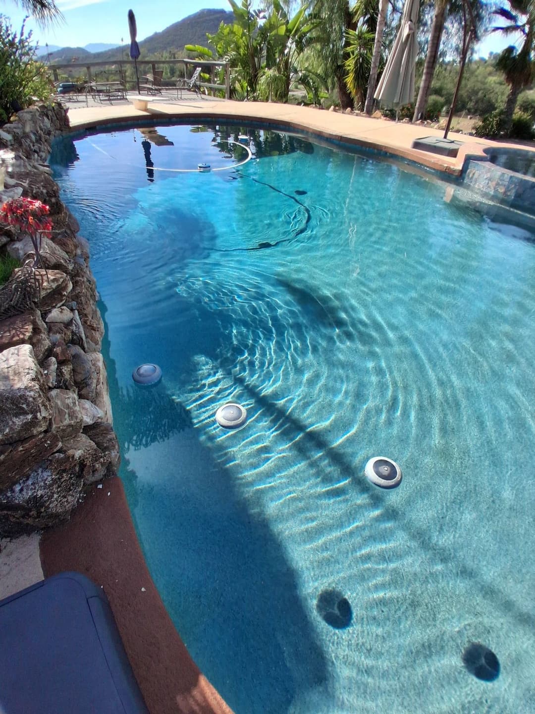 Crystal-clear swimming pool surrounded by rocks and lush greenery in a serene outdoor setting.