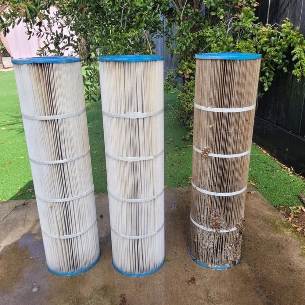 Three pool filter cartridges: clean, moderately dirty, and heavily soiled, showcasing filtration efficiency.